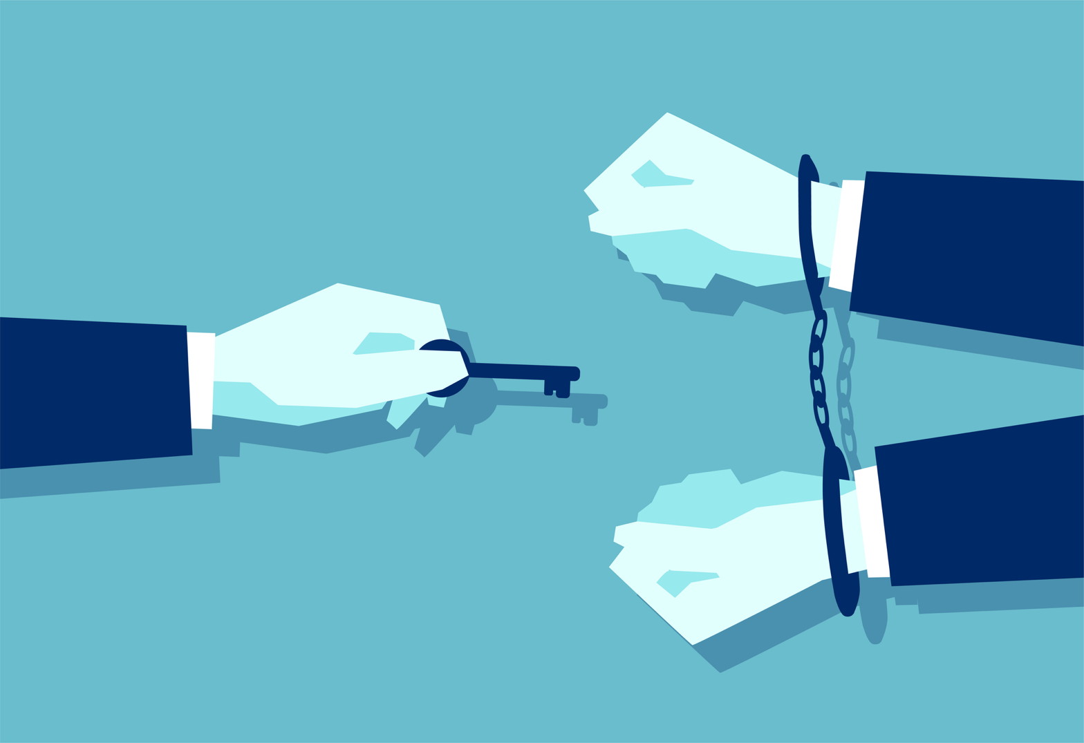 a man with a key reaching out to a man in handcuffs a man with a key reaching out to a man in handcuffs